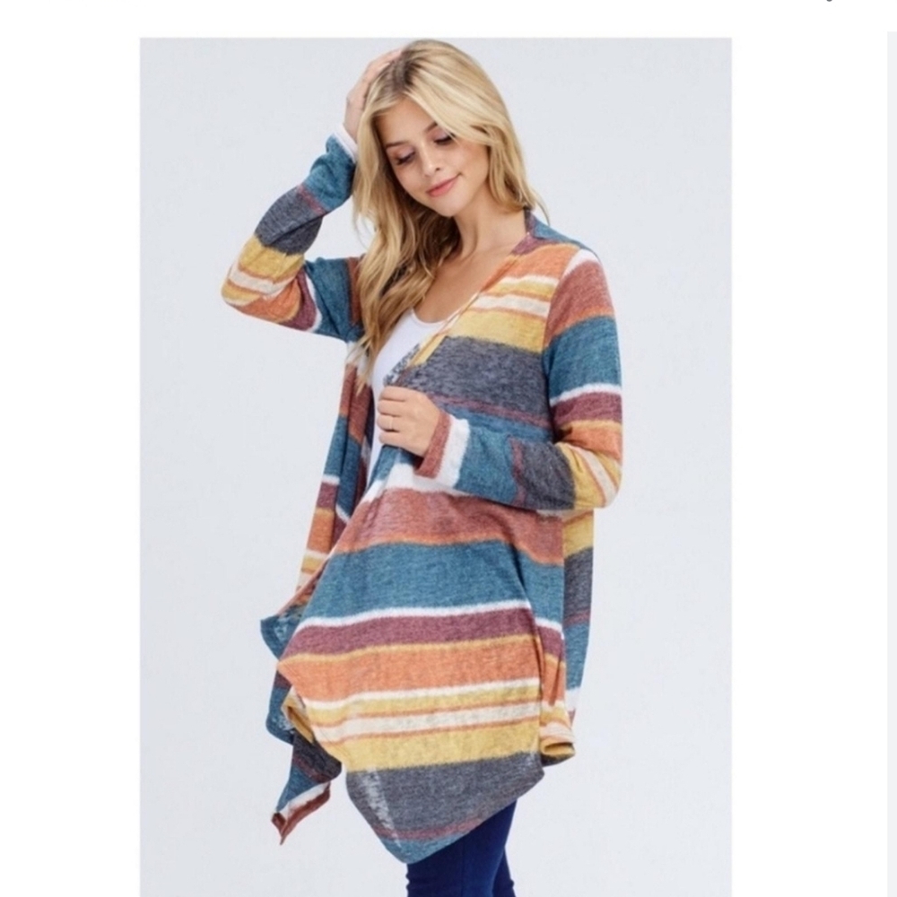 White Birch Colorful Striped Cardigan Open Front Waterfall
